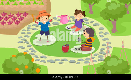 Stickman Illustration of a Group of Preschool Kids Landscaping a Garden Stock Photo