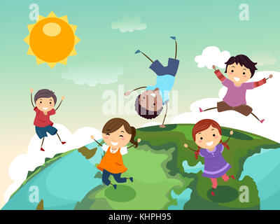 Stickman Illustration of a Group of Preschool Kids Playing on Top of a Globe Stock Photo