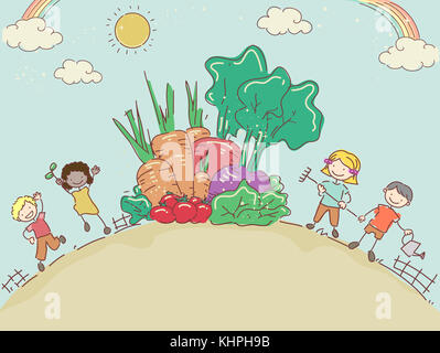 Stickman Illustration of a Group of Preschool Kids Harvesting Giant Vegetables Stock Photo