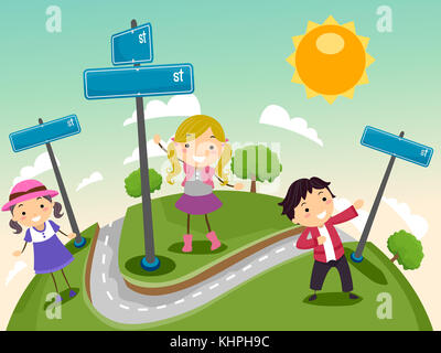 Stickman Illustration of a Group of Preschool Kids Standing Beside Street Signs Stock Photo