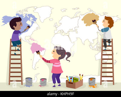 Stickman Illustration of a Group of Preschool Kids Painting a Map of the World on a Wall Stock Photo