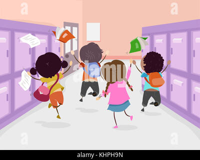 Stickman Illustration of a Group of Preschool Kids Jumping in Glee After the Last Day of Class Stock Photo