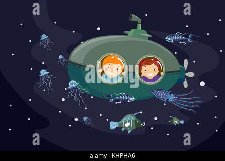 Stickman Illustration of Preschool Kids in a Submersible Seacraft Observing Bioluminescent Marine Animals Stock Photo