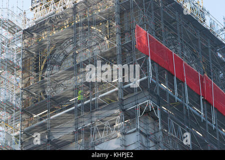 LONDON, UK - October 17th, 2017: close up of Scaffolding around the Elizabeth Tower, more commonly known as Big Ben, during the extensive restoration and repairs of the Houses of Parliament. Stock Photo