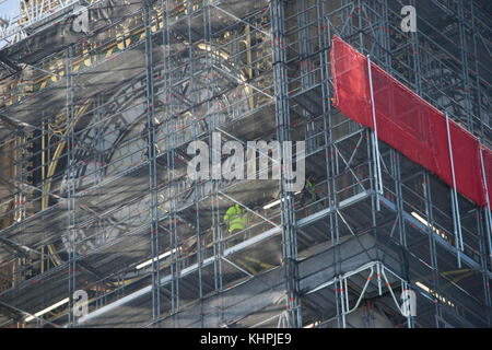 LONDON, UK - October 17th, 2017: close up of Scaffolding around the Elizabeth Tower, more commonly known as Big Ben, during the extensive restoration and repairs of the Houses of Parliament. Stock Photo