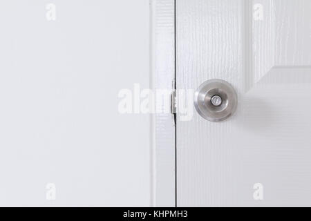 Stainless door knob,Handle on white wood door,Closeup door knob Stock Photo