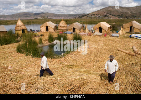 Uros Island, Lake Titicaca, peru, South America. Main set of the islands of the. Here everything revolves around the tourist. Large and comfortable to Stock Photo