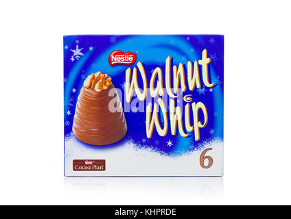 LONDON, UK - November 17, 2017: Box of Nestle Walnut Whip chocolate candies on white background. Stock Photo