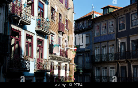 Back street row of old houses in the The Historical old town district of Porto (Oporto), Portugal