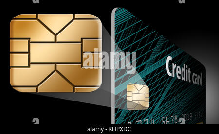An EMV security chip is seen up close in a 3-d illustration about ...