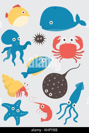 Sea animals vector set on white background Stock Vector