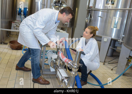 two workers in lab coats showing their dairy production process Stock Photo