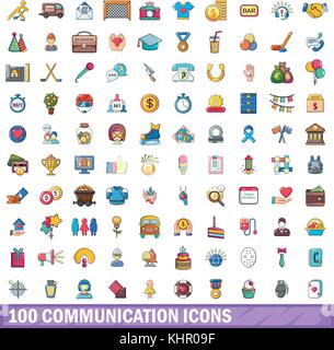 100 communication icons set, cartoon style  Stock Vector