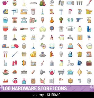 100 hardware store icons set, cartoon style  Stock Vector