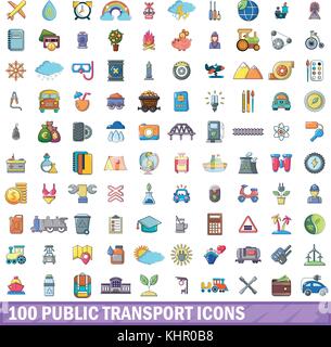 100 public transport icons set, cartoon style  Stock Vector