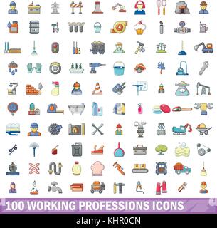 100 working professions icons set, cartoon style  Stock Vector