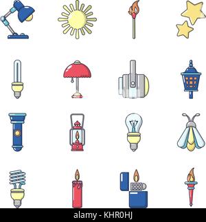 Light source icons set, cartoon style Stock Vector