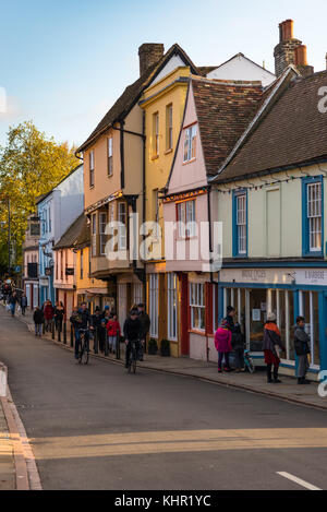 Multicoloured rickety old pubs, restaurants and shops on Bridge Street in Cambridge city. Cambridgeshire, England, UK Stock Photo