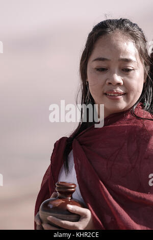 Badain Jaran,China - October 19,2017: Chinese model poses in the desert on October 19, China. Stock Photo