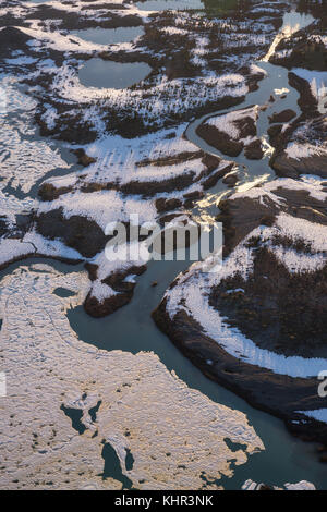 Aerial landscape view of frozen rivers in Garibaldi Provincial Park. Taken near Squamish and Whistler, North of Vancouver, BC, Canada. Stock Photo