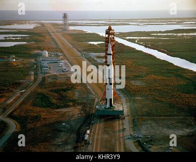 The NASA Apollo 9 spacecraft and Saturn V launch vehicle roll out from the Kennedy Space Center Vehicle Assembly Building to Launch Complex 39 in preparation for its upcoming launch and lunar mission January 3, 1969 in Merritt Island, Florida.  (photo by NASA Photo via Planetpix) Stock Photo