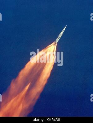 The NASA Apollo 11 Saturn V spacecraft climbs toward orbit for its lunar landing mission after liftoff from the Kennedy Space Center Launch Pad 39A for its lunar landing mission July 16, 1969 in Merritt Island, Florida.  (photo by NASA Photo via Planetpix) Stock Photo