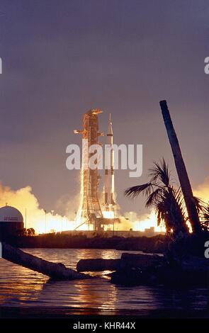 The Apollo 14 Saturn V spacecraft launches from the Kennedy Space Center Launch Complex 39A to begin its manned lunar landing mission January 31, 1971 in Merritt Island, Florida.  (photo by NASA Photo via Planetpix) Stock Photo