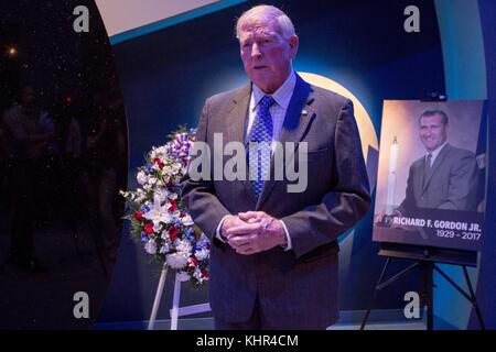 Former NASA astronaut Jon McBride speaks at a ceremony honoring former NASA astronaut Richard Gordon at the Kennedy Space Center Visitor Complex Heroes and Legends Exhibit November 9, 2017 in Merritt Island, Florida.   (photo by Michelle Stone via Planetpix) Stock Photo