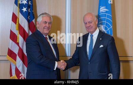 U.S. Secretary of State Rex Tillerson (left) meets UN Special Envoy for Syria Staffan de Mistura at the U.S. Mission to the United Nations October 26, 2017 in Geneva, Switzerland.  (photo by State Department Photo via Planetpix) Stock Photo