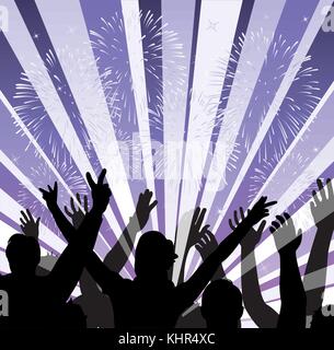 vector illustration of fireworks with silhouettes of happy people Stock Vector