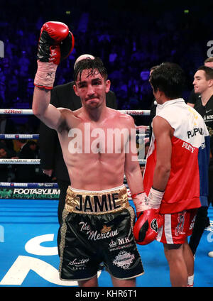 Jamie Conlan receives treatment for an injury during the IBF Super-Flyweight Championship of the World bout at the SSE Arena Belfast. PRESS ASSOCIATION Photo. Picture date: Saturday November 18, 2017. See PA story BOXING Belfast. Photo credit should read: Liam McBurney/PA Wire Stock Photo