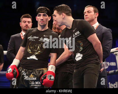 Jamie Conlan and Michael Conlan during the IBF Super-Flyweight Championship of the World bout at the SSE Arena Belfast. PRESS ASSOCIATION Photo. Picture date: Saturday November 18, 2017. See PA story BOXING Belfast. Photo credit should read: Liam McBurney/PA Wire Stock Photo