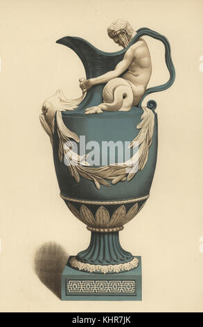John Flaxman's water vase decorated with a Triton grasping a sea monster's head. Chromolithograph by W. Griggs from Frederick Rathbone's Old Wedgwood, the Decorative or Artistic Ceramic Work Produced by Josiah Wedgwood, Quaritch, London, 1898. Stock Photo