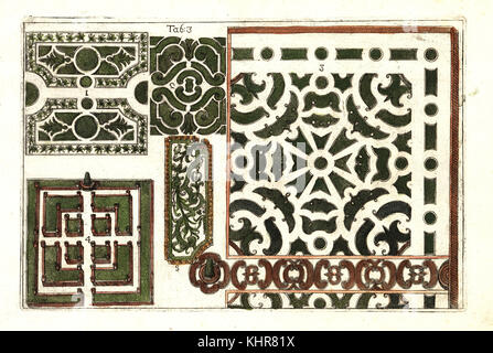 Plans for formal gardens, 18th century. Handcoloured copperplate engraving after Mario Cammerari from Professor Filippo Arena's La natura e cultura dei fiori fisicamente esposta (The nature and culture of flowers physically displayed), Palermo, Italy, 1771. Stock Photo