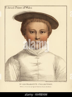 Edward, Prince of Wales, aged 3-5, later King Edward VI of England, 1537-1553. Son of Henry VIII and Jane Seymour. Handcoloured copperplate engraving by Francis Bartolozzi after Hans Holbein from Facsimiles of Original Drawings by Hans Holbein, Hamilton, Adams, London, 1884. Stock Photo