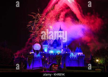 Anaheim: Night view with fireworks of the famous Cinderella castle of Disneyland on OCT 1, 2014 at Anaheim, Orange County, California, United States Stock Photo