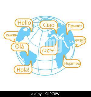 concept of communication in different languages in the form of earth and greetings. Icon in the linear style Stock Vector