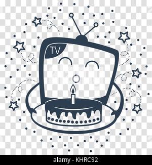 concept of a holiday in television in the form of a TV blowing a candle on the cake. Icon, silhouette in the linear style Stock Vector