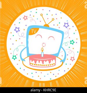 concept of a holiday in television in the form of a TV blowing a candle on the cake. Icon in the linear style Stock Vector