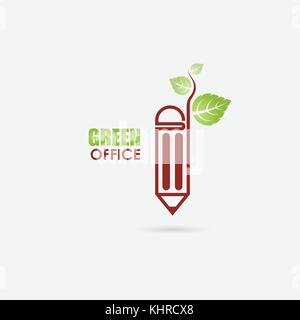 Pen or Pencil sign and green leafs icon vector logo design template.Green Office Template Design.Green office idea concept.Design for greeting Card,Po Stock Vector