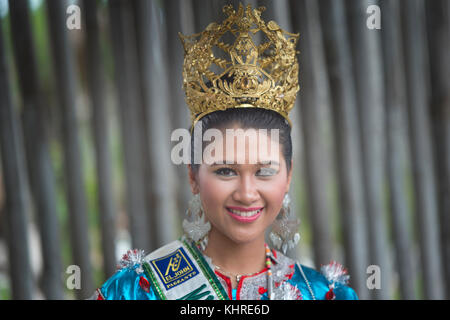 Michelle Victoria Alriani, 20, Miss Earth Indonesia 2017 pose for camera as a special guest during Wakatobi Wave Festival in Wanci, Wangi-Wangi. Stock Photo