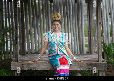 Michelle Victoria Alriani, 20, Miss Earth Indonesia 2017 pose for camera as a special guest during Wakatobi Wave Festival in Wanci, Wangi-Wangi. Stock Photo