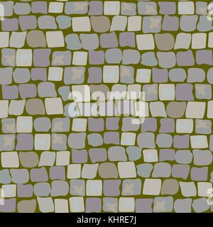 Old Paving Stones with moss and turf. Road Texture seamless pattern. wall of stone, cobbled street with grass Stock Vector