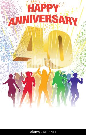 Colorful crowd of dancing people celebrating fortieth anniversary Stock Vector