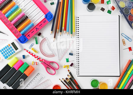 Set of school supplies on white background. Space for text. Top view. Stock Photo