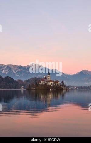 Lake Bled and the small island in the middle at sunset, Bled, Slovenia Stock Photo