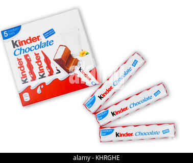 LONDON, UK - November 17, 2017: Kinder chocolate bar box on white background.Kinder bars are produced by Ferrero founded in 1946. Stock Photo