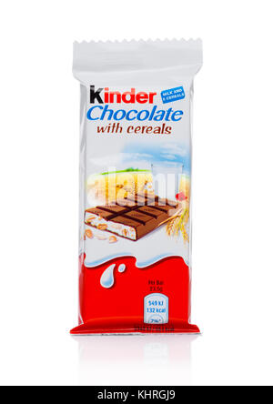 LONDON, UK - November 17, 2017: Kinder chocolate bar with cereals on white background.Kinder bars are produced by Ferrero founded in 1946. Stock Photo