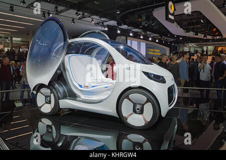 FRANKFURT, GERMANY - SEP 17, 2017: Smart Vision EQ Fortwo, electric autonomous car concept - customizable, communicating and flexible. Carsharing of t Stock Photo