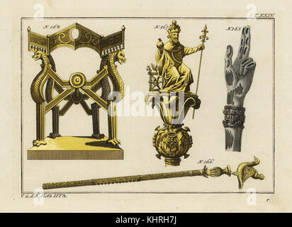 Throne 164 and scepter 166 of Dagobert I, King of the Franks, hand of justice 165, and scepter of Charlemagne 167. Handcoloured copperplate engraving from Robert von Spalart's Historical Picture of the Costumes of the Principal People of Antiquity and of the Middle Ages, Chez Collignon, Metz, 1810. Stock Photo